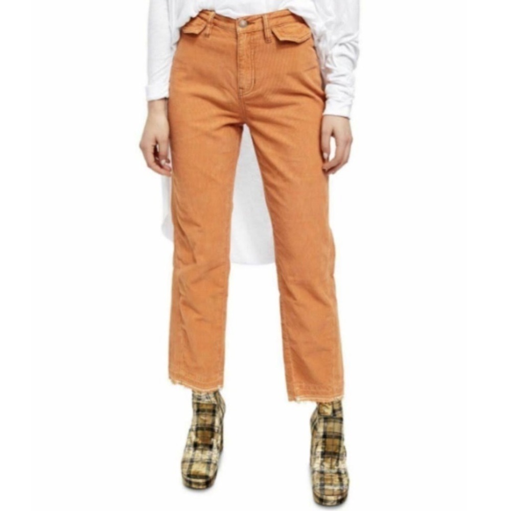 Free People pants orange rust corduroy raw distressed‎ hem pockets boho 26